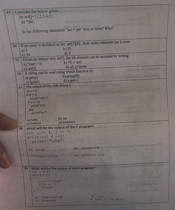  33 Consider the below given int arrl 11.2,3,4,5); int *ptr Is