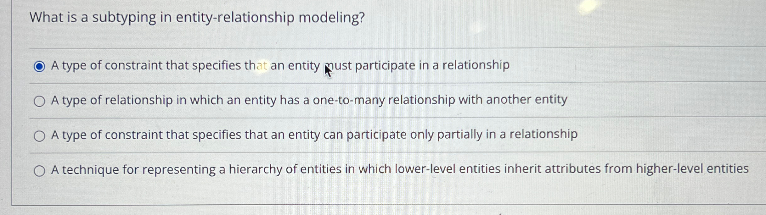  What is a subtyping in entity-relationship modeling? A type of constraint