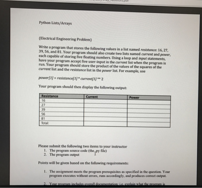  Write program in python language Python Lists/Arrays (Electrical Engineering Problem) Write