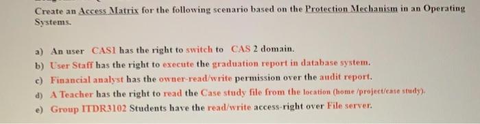  Create an Access Matrix for the following scenario based on the