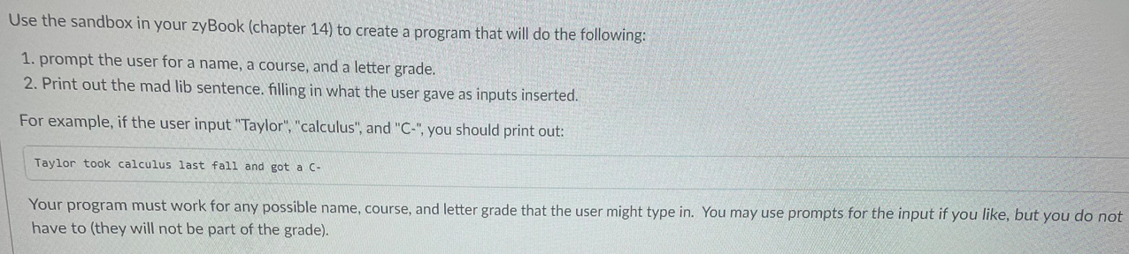 JAVA Use the sandbox in your zyBook (chapter 14 ) to create