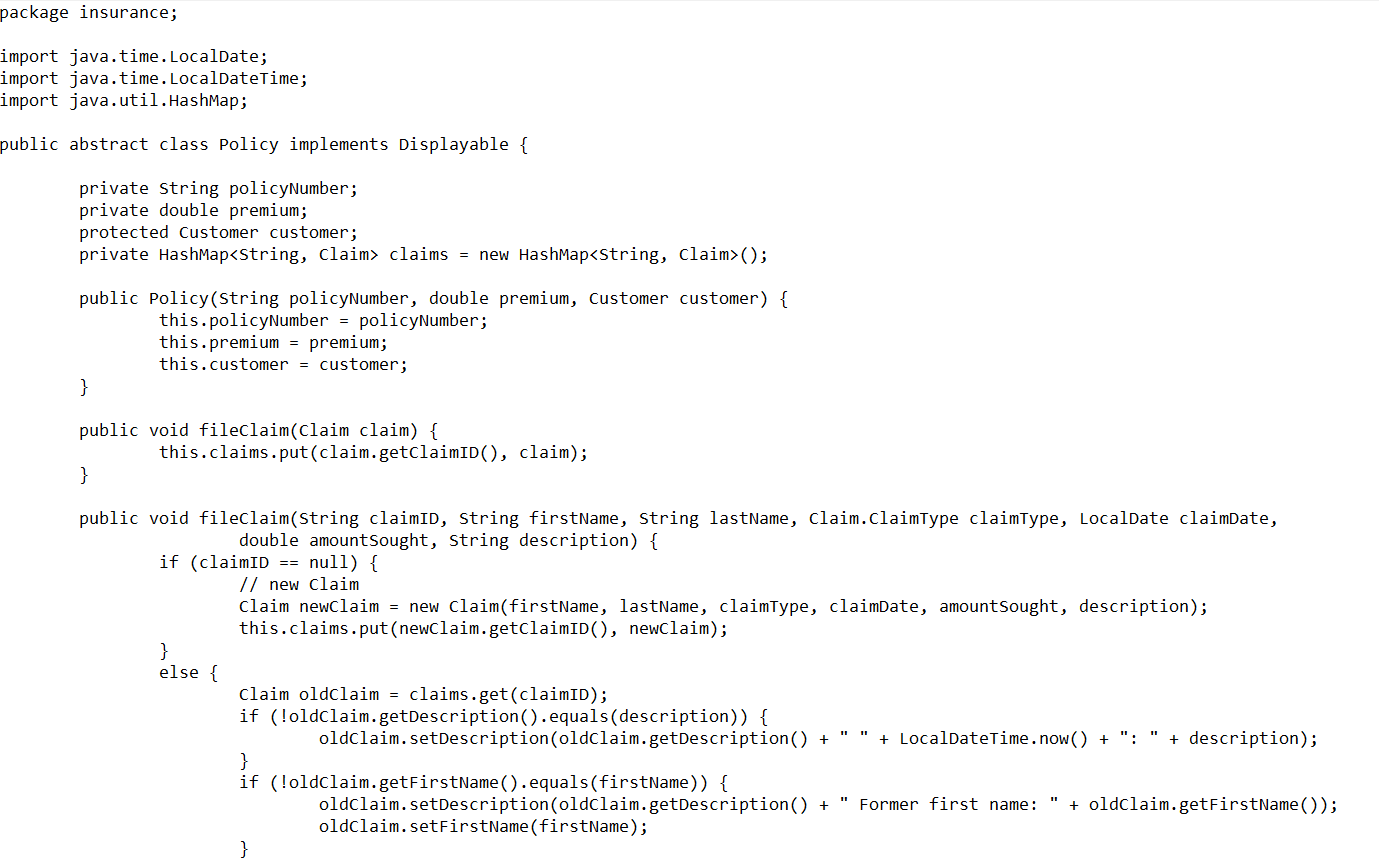 all claims for the policy p.getclaims ().values().forEach(C -> c.display(); } } package