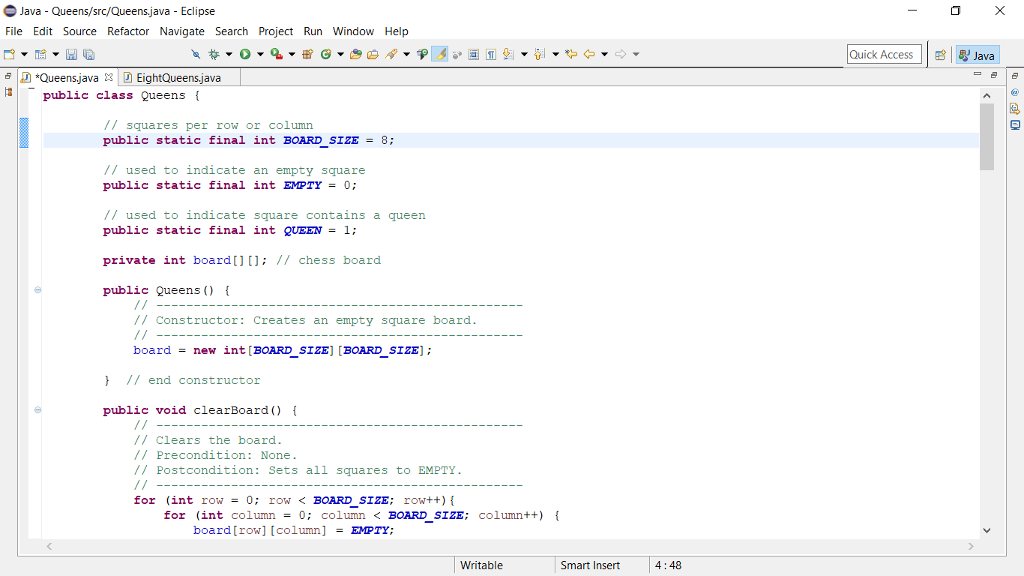 queens solution. Your help is greatly appreciated. The output and code are