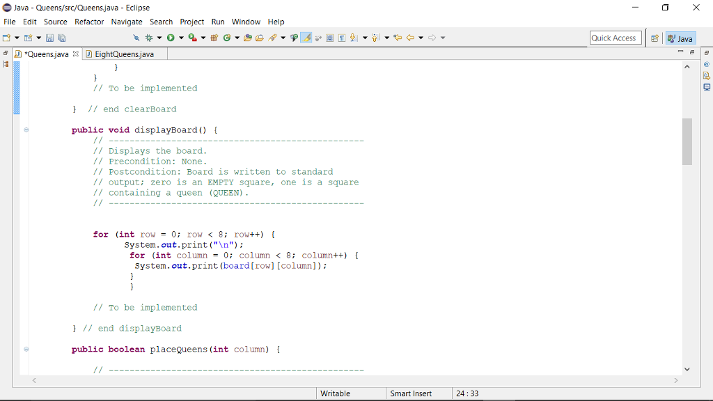 below: Java-Queens/src/EightQueens,java-Eclipse File Edit Source Refactor Navigate Search Project Run Window Help