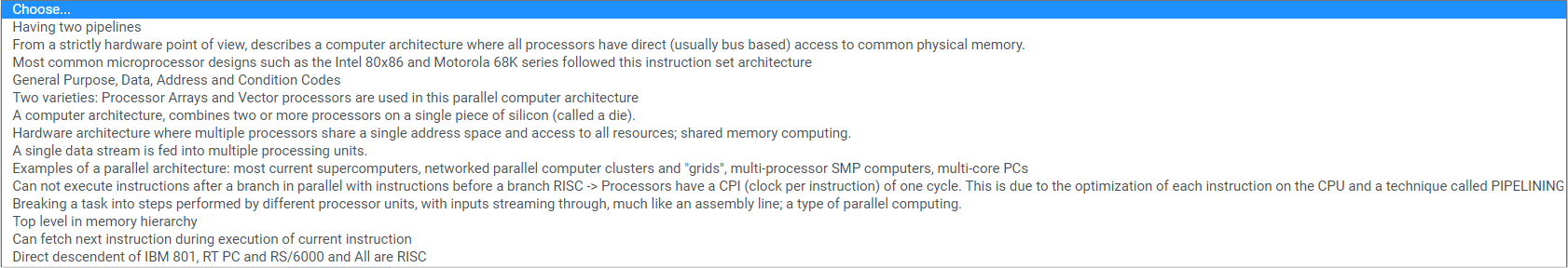 memory Choose... SMP Choose... CISC Choose... registers Choose... SIMD Choose... multiple streams