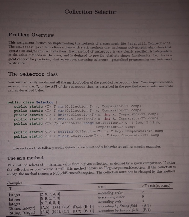  Implement all the method bodies using JAVA. Collection Selector Problem Overview
