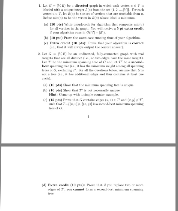  Question 1. 1. Let G = (V,E) be a directed graph