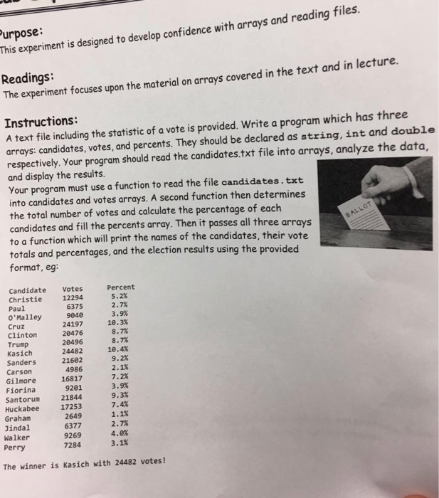  This experiment is designed to develop confidence with arrays and reading