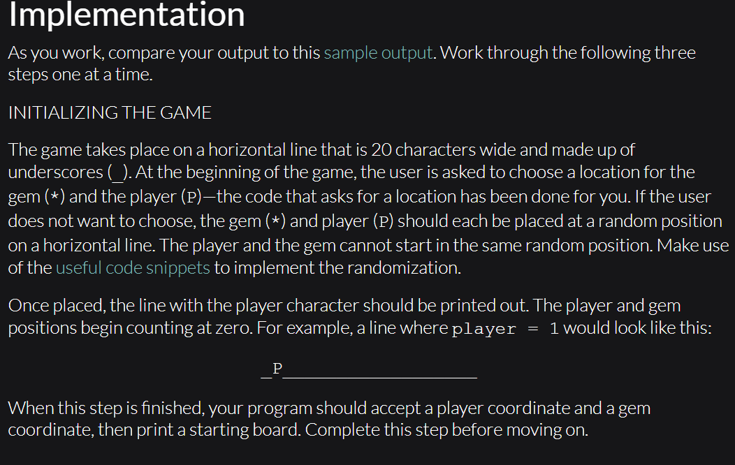  Implementation As you work, compare your output to this sample output.