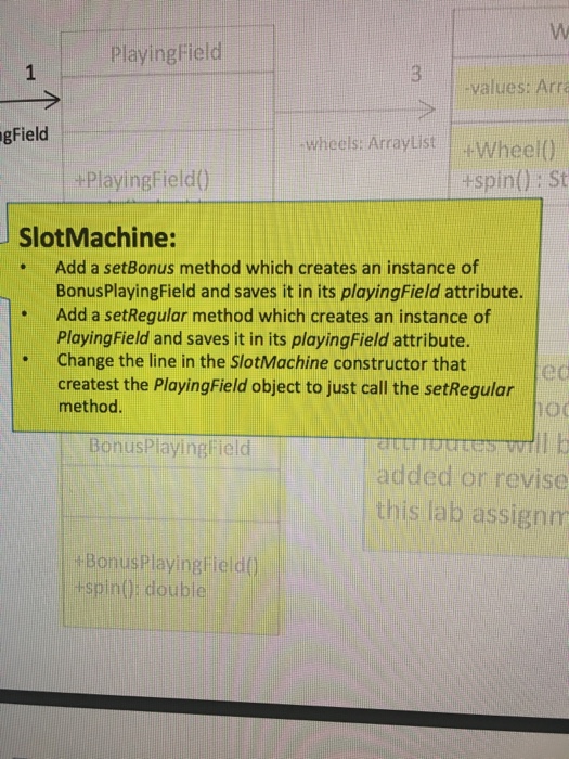  playingField -values: Arra Field wheels: Array List +Wheel() +spin(): St +Playing