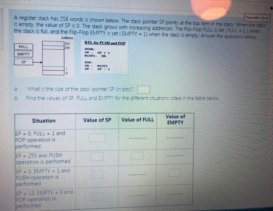  Time left 14934 A register stack has 256 words is shown