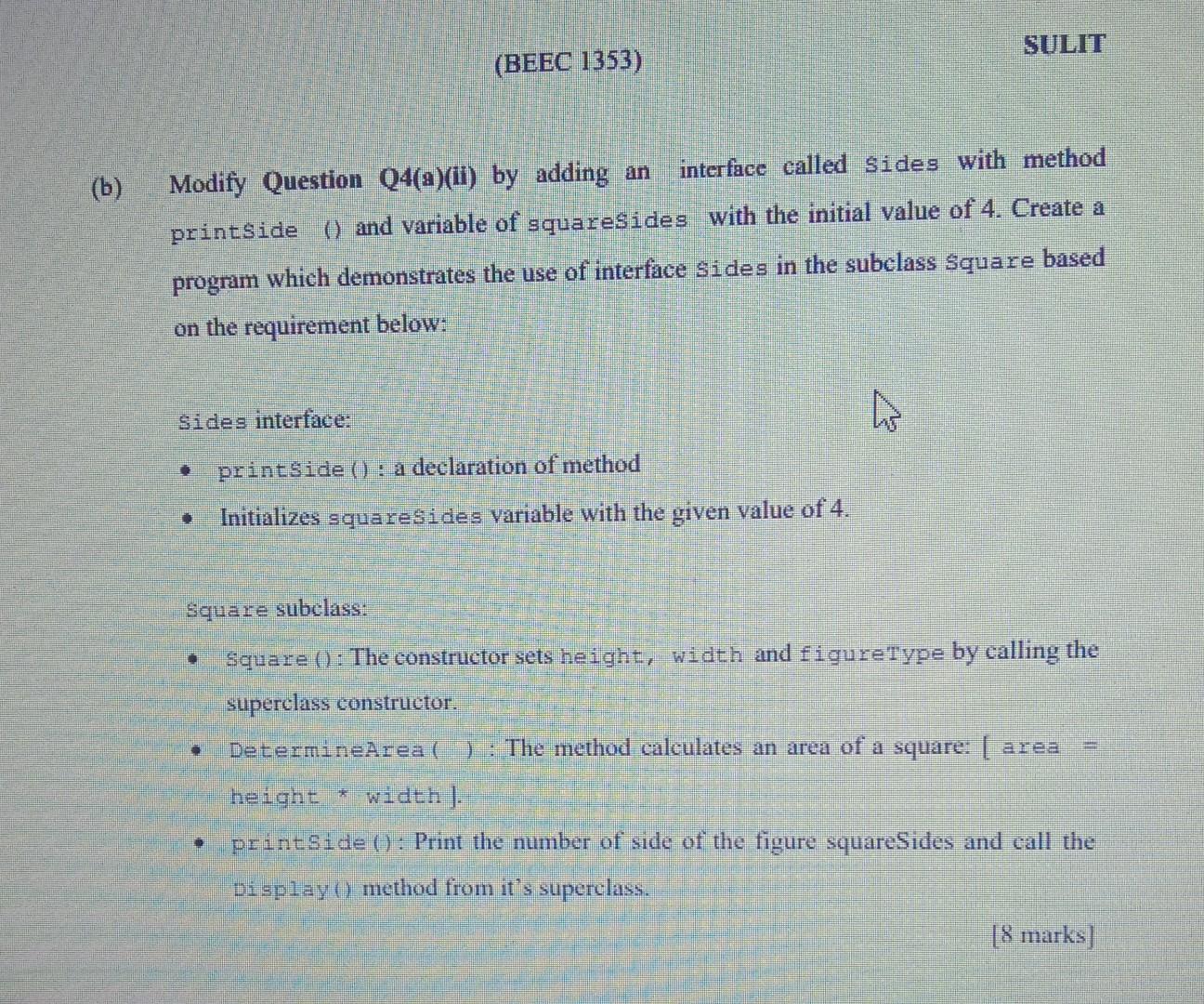 all in java SULIT (BEEC 1353) (b) Modify Question Q4(a)(ii) by