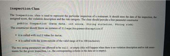  need help creating this 2 java classes (Restaurant class and ispection