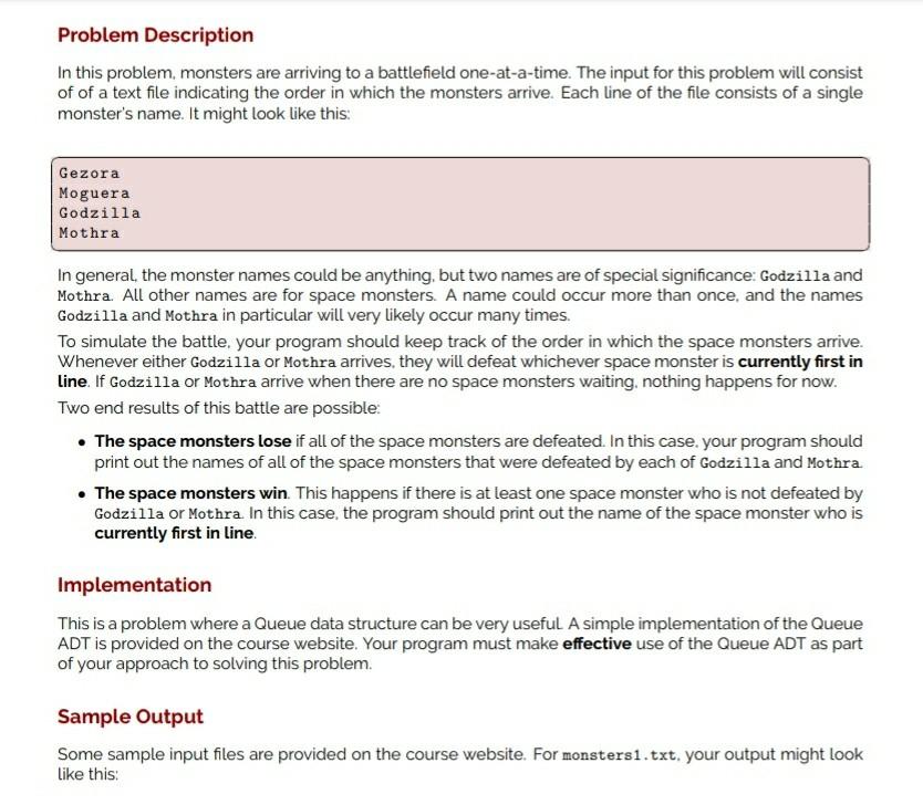 in python 3 monsters1.txt monsters2.txt Queue.py could you please use the queue
