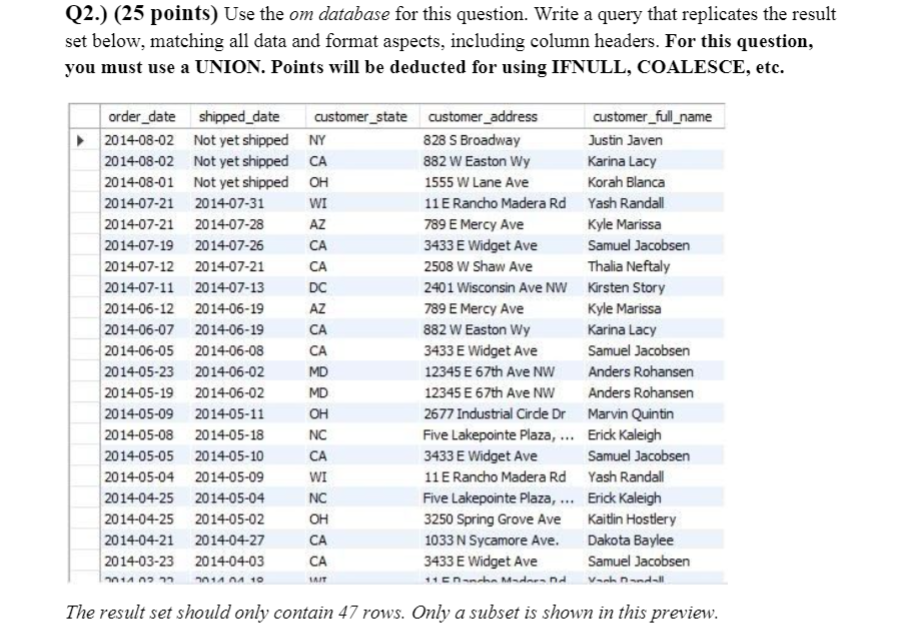 MySQL Q2.) (25 points) Use the om database for this question. Write