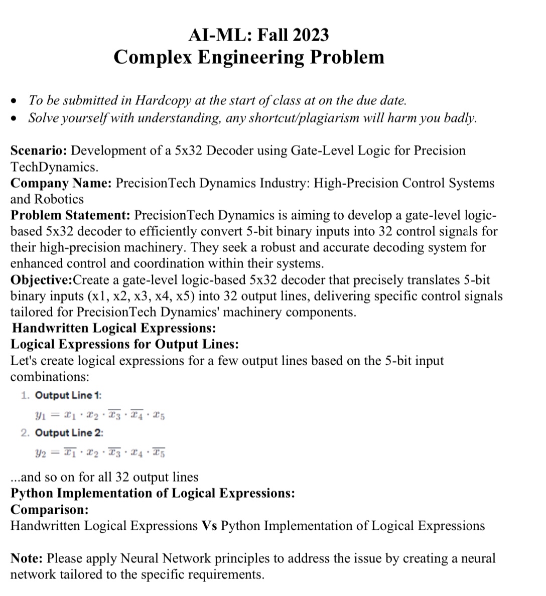  AI-ML: Fall 2023 Complex Engineering Problem To be submitted in Hardcopy