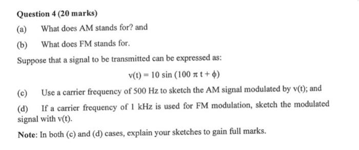 Computer communication Question 4 (20 marks) (a) What does AM stands for?