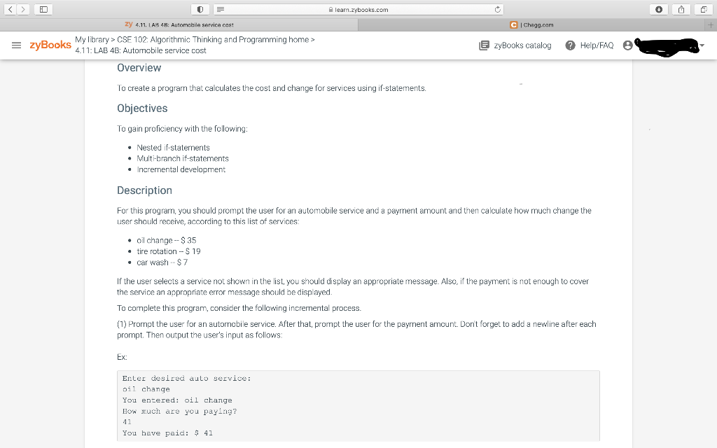 Programming in C++ D leam.zybooks.com C Chegg.com zy 4.11. LAB 4B: