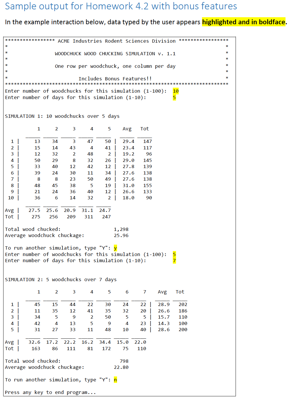 how much wood a woodchuck chucks using a two-dimensional matrix. Sample outputs