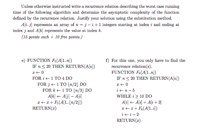 Unless otherwise instructed write a recurrence relation describing the worst case