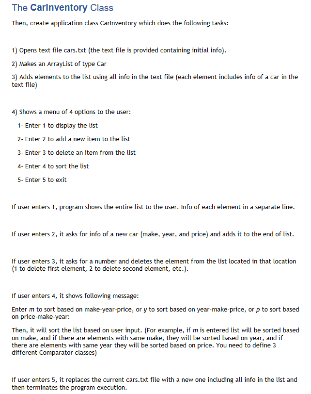 methods: Class fields: String make; int year; int price; Constructor method: Car(String