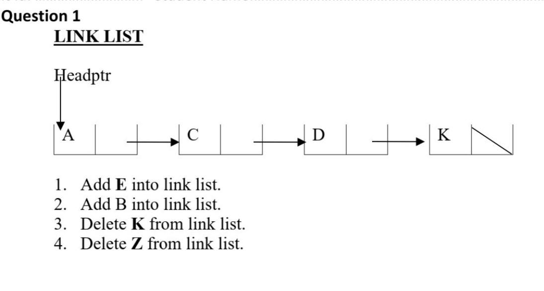  Question 1 LINK LIST Headptr A -D DK 1. Add E