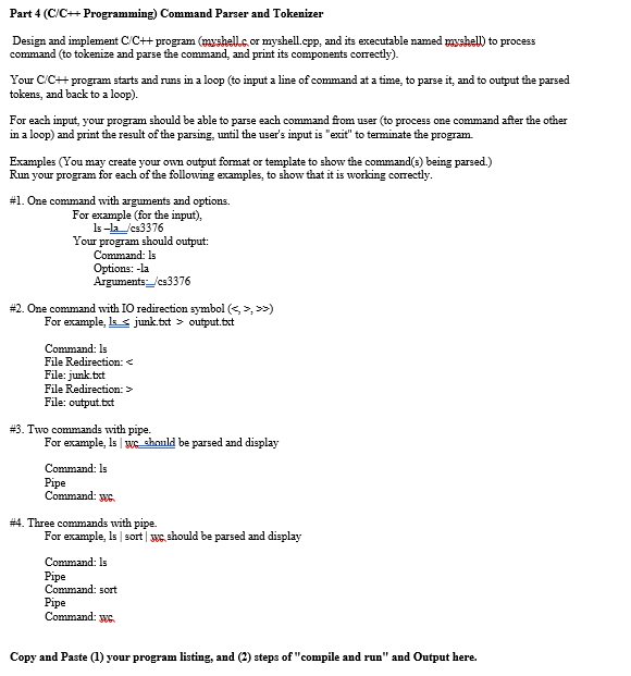  (C/C++ Programming) Command Parser and Tokenizer Design and implement C/C++ program