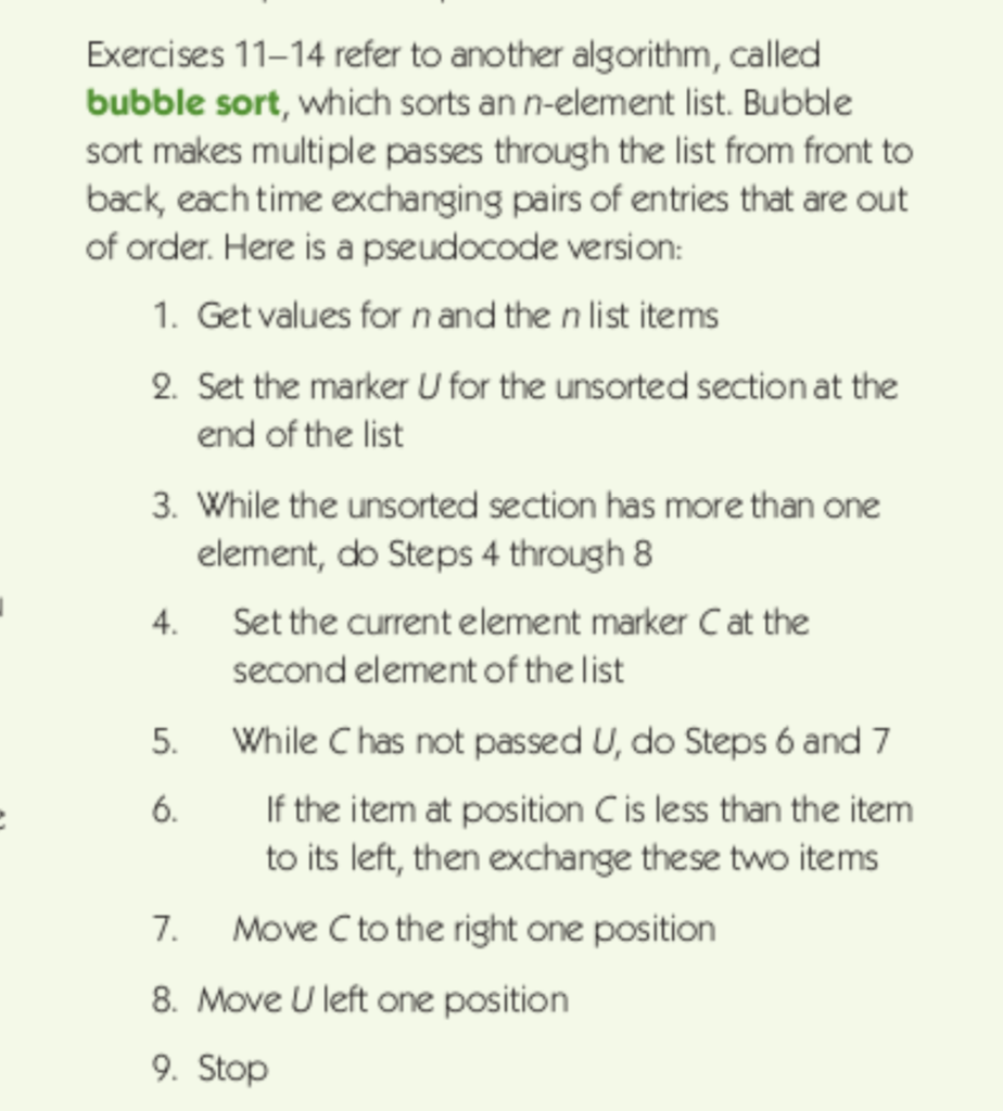  Exercises 11-14 refer to another algorithm, called bubble sort, which sorts