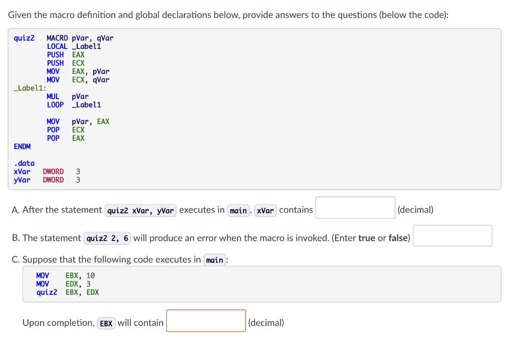Given the macro definition and global declarations below, provide answers to