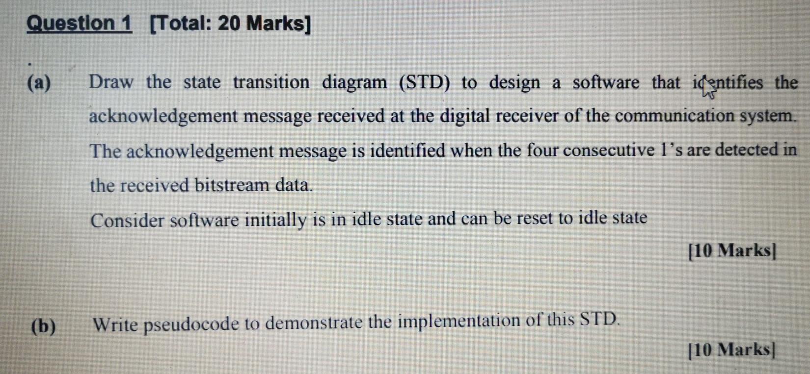  Question 1 [Total: 20 Marks] (a) Draw the state transition diagram