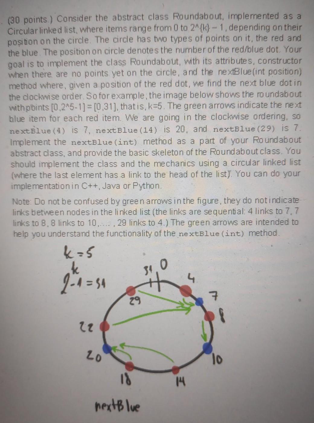  (30 points) Consider the abstract class Roundabout, implemented as a Circular