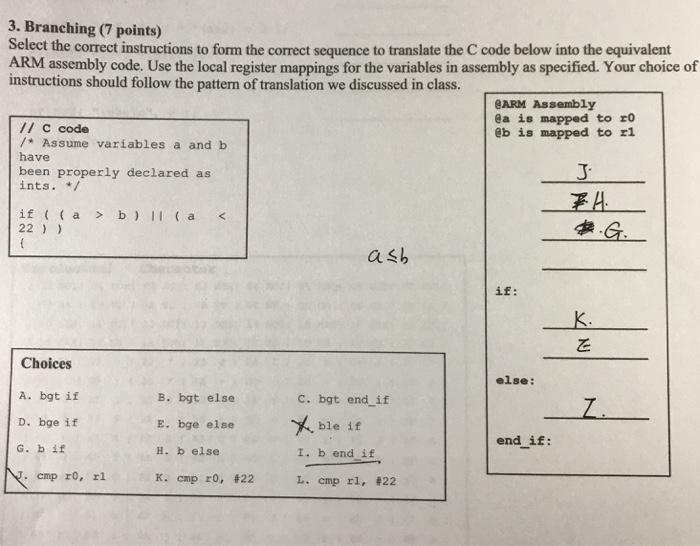  3. Branching (7 points) Select the correct instructions to form the