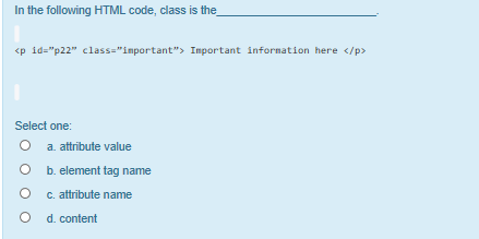  In the following HTML code, class is the_ Important infornation here