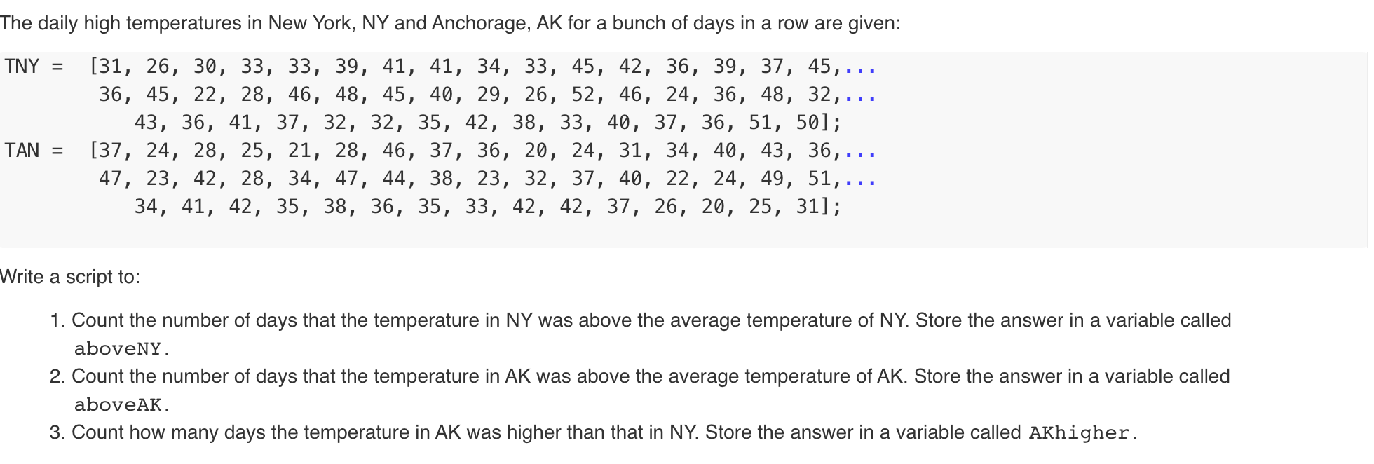 MATLAB using for loop + logic The daily high temperatures in New