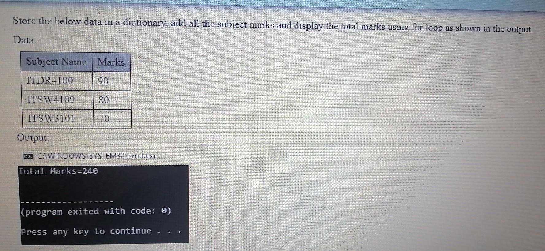  Python language Store the below data in a dictionary, add all