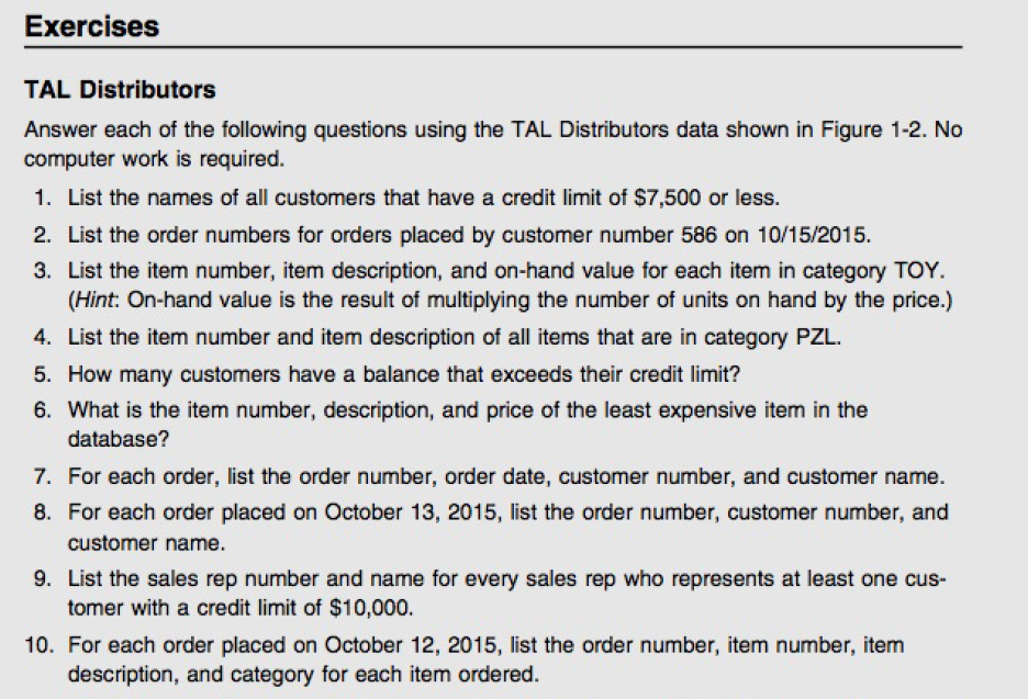  Please answers the question no computer sql is required Exercises TAL
