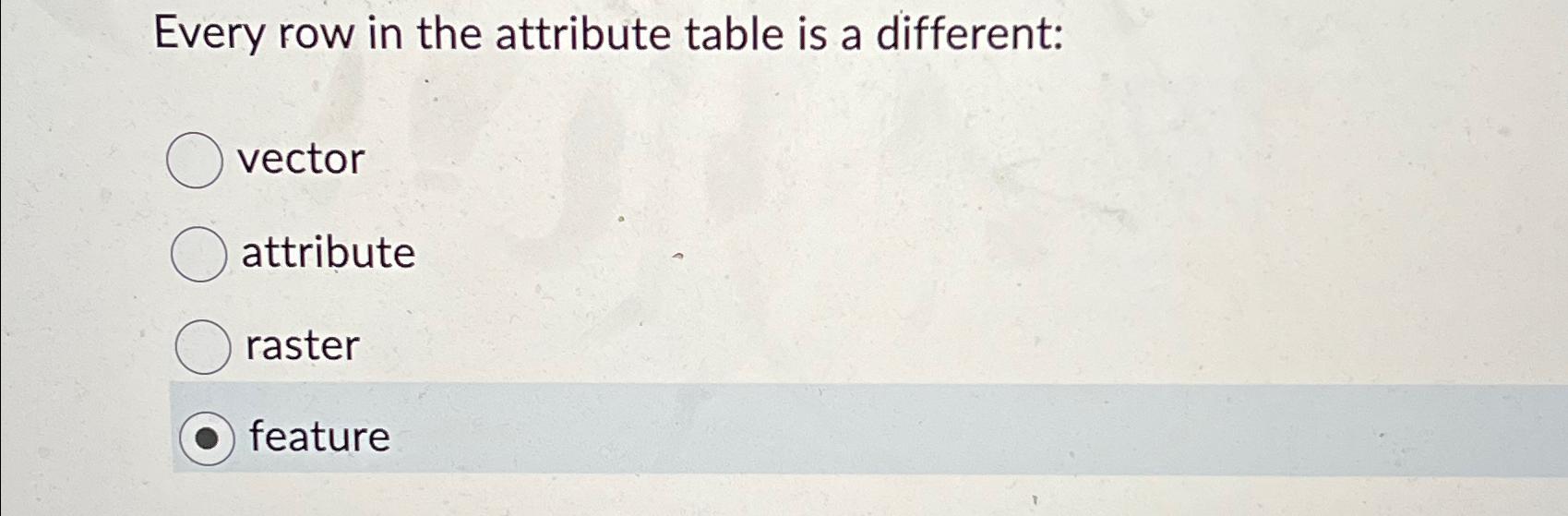  Every row in the attribute table is a different: vector attribute