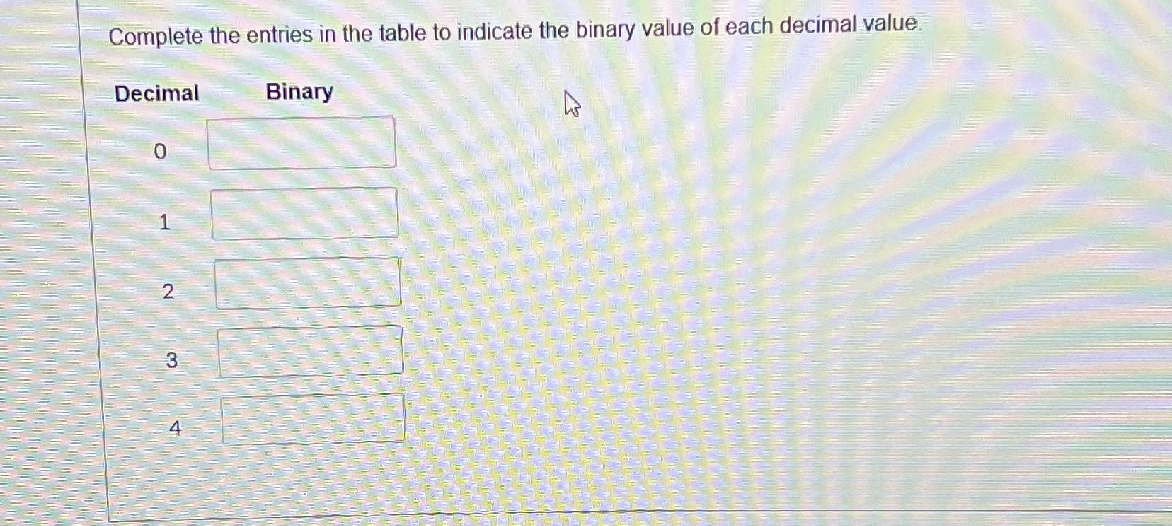  Complete the entries in the table to indicate the binary value