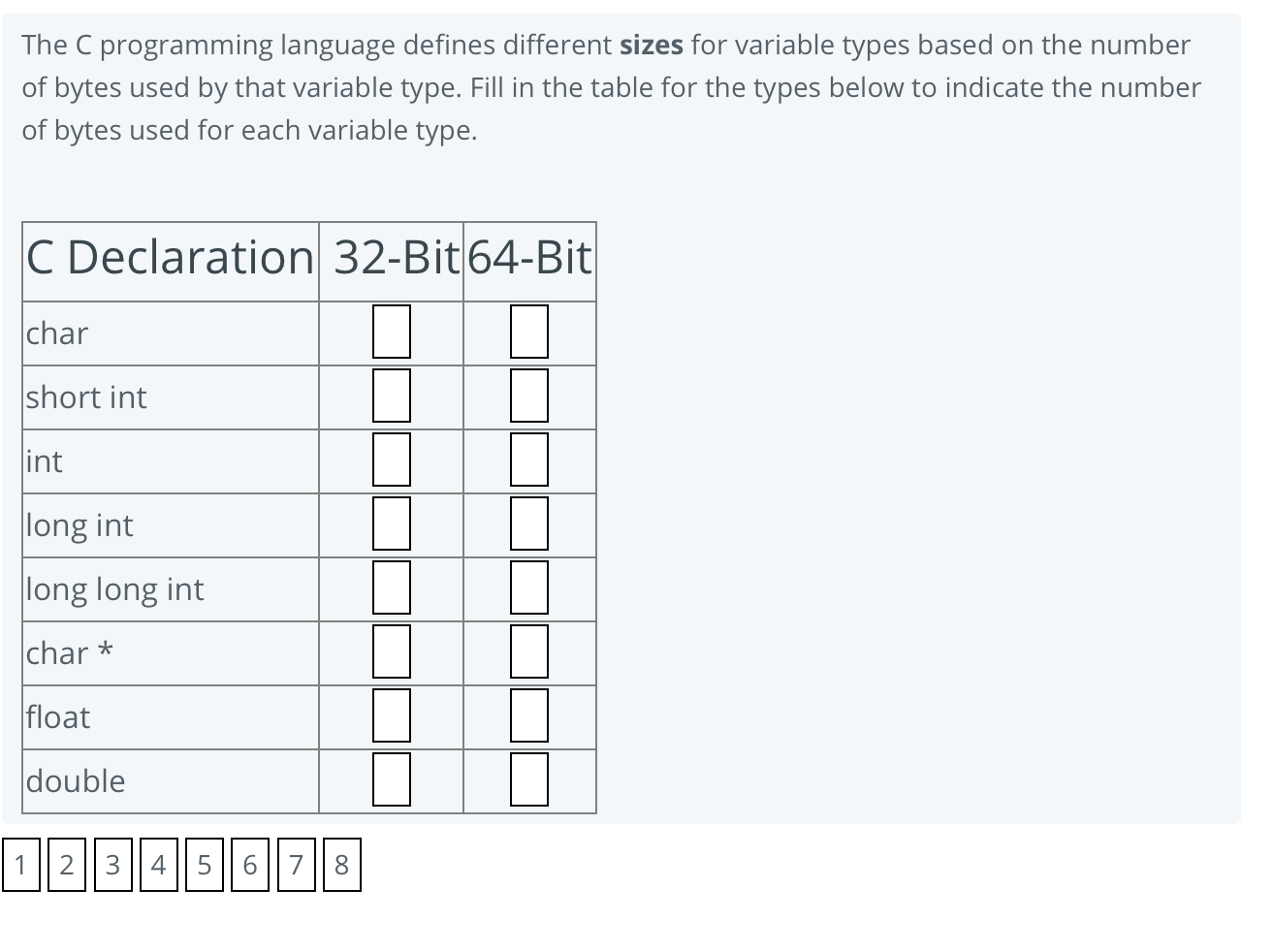  The C programming language defines different sizes for variable types based