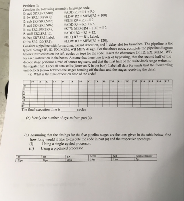  Problem 1 Consider the following assembly language code: 10: add SR3,SR1,SRO;