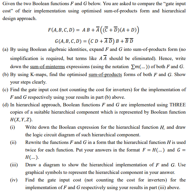  Given the two Boolean functions F and G below. You are