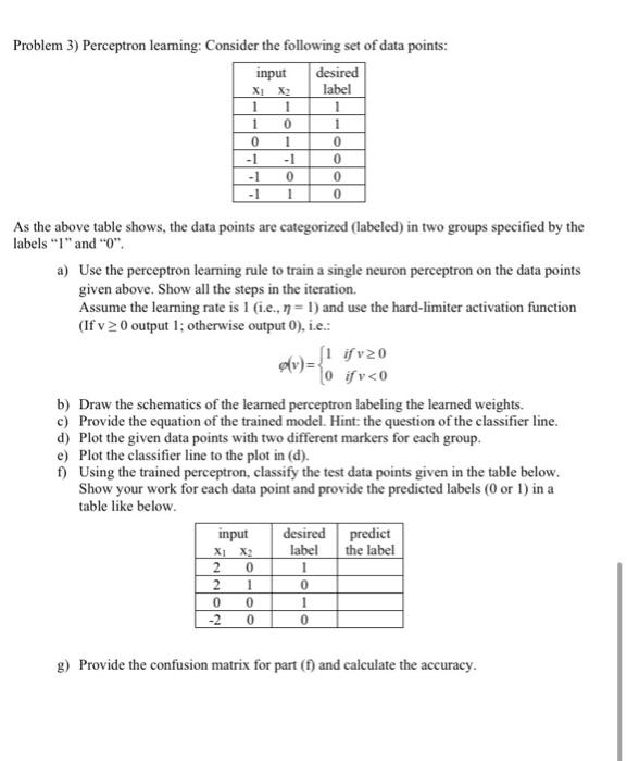  in phyton please pseudocode Problem 3) Perceptron leaming: Consider the following