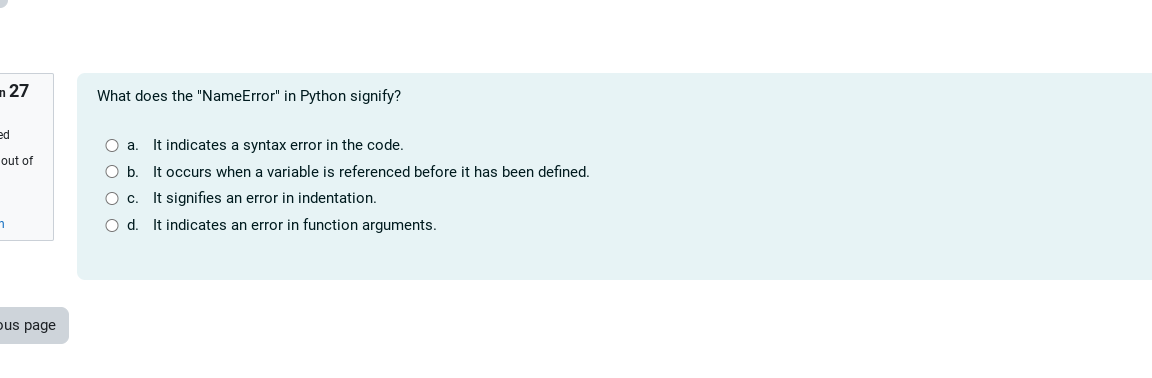  n 27 What does the "NameError" in Python signify? a. It