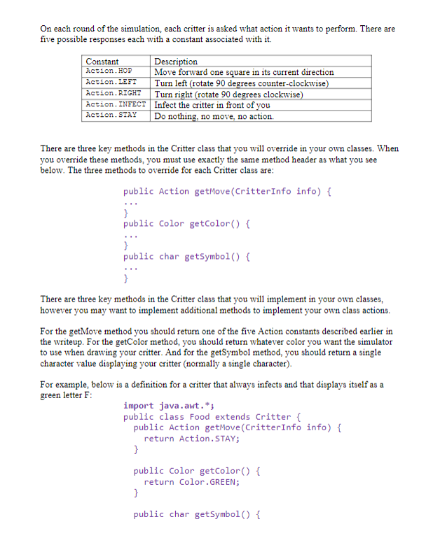 write a set of classes that define the behavior of certain animals.