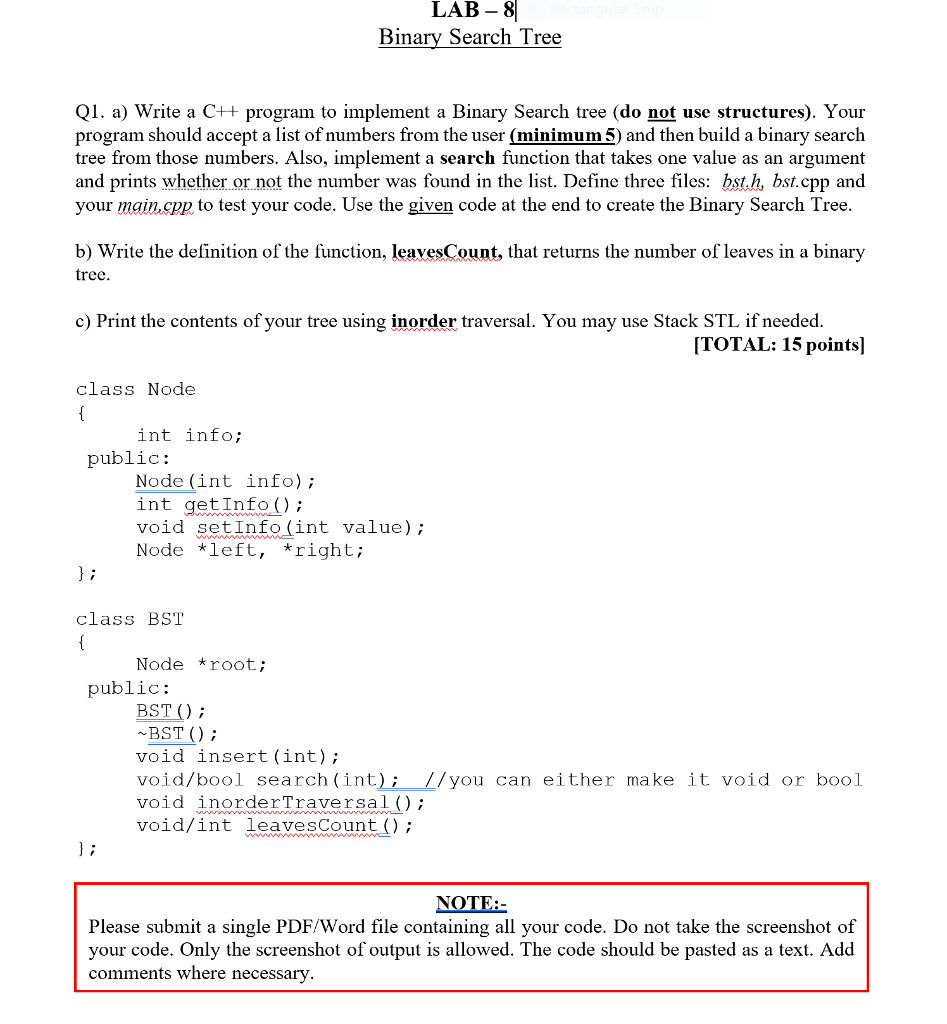  LAB -8 Binary Search Tree Q1. a) Write a C++ program