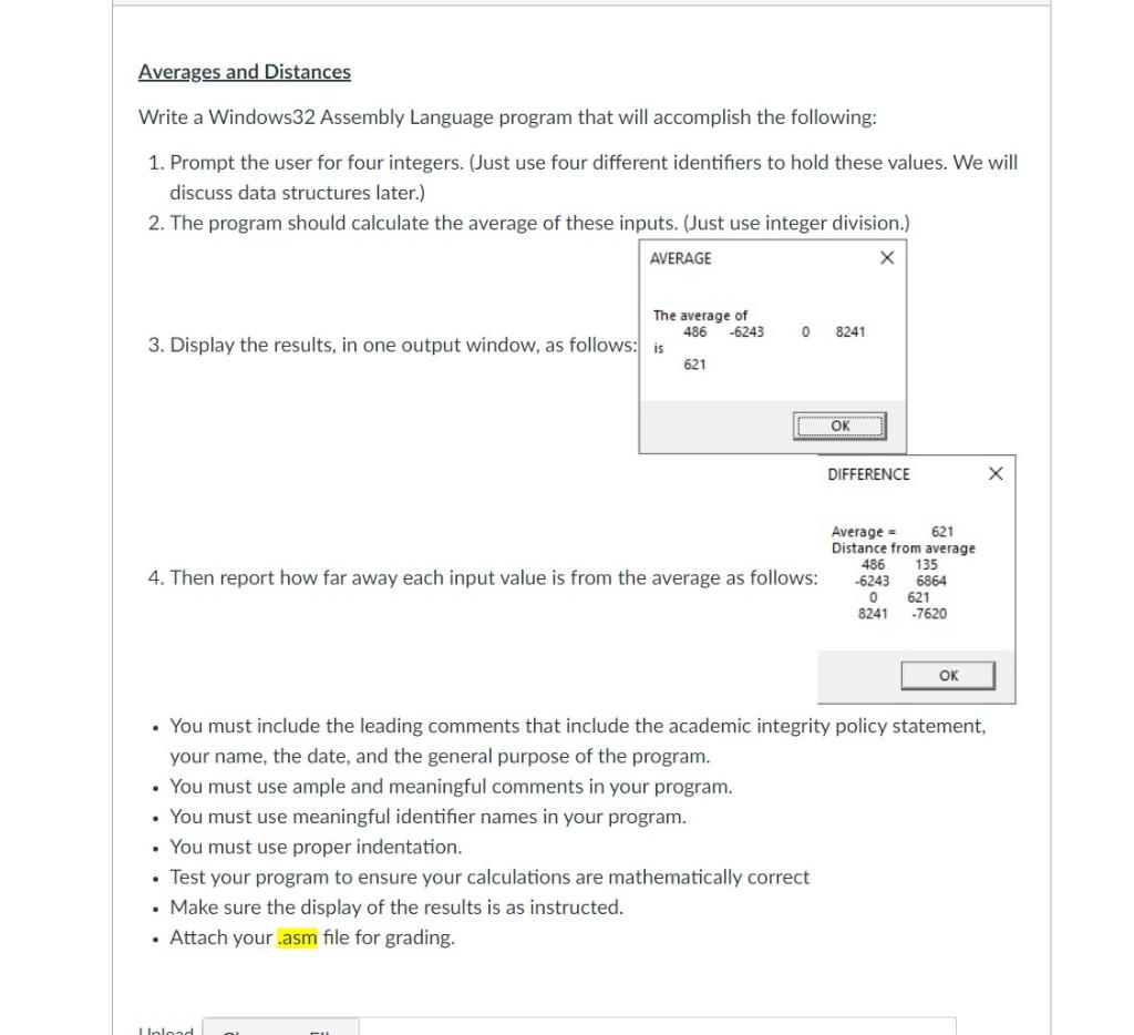  Averages and Distances Write a Windows32 Assembly Language program that will