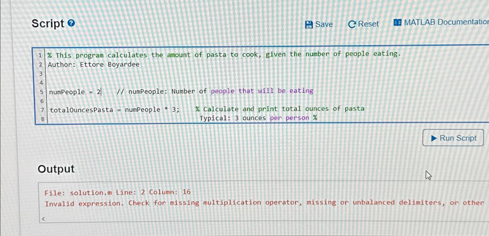  Script 0 Save C Reset MATLAB Documentatio % This program calculates