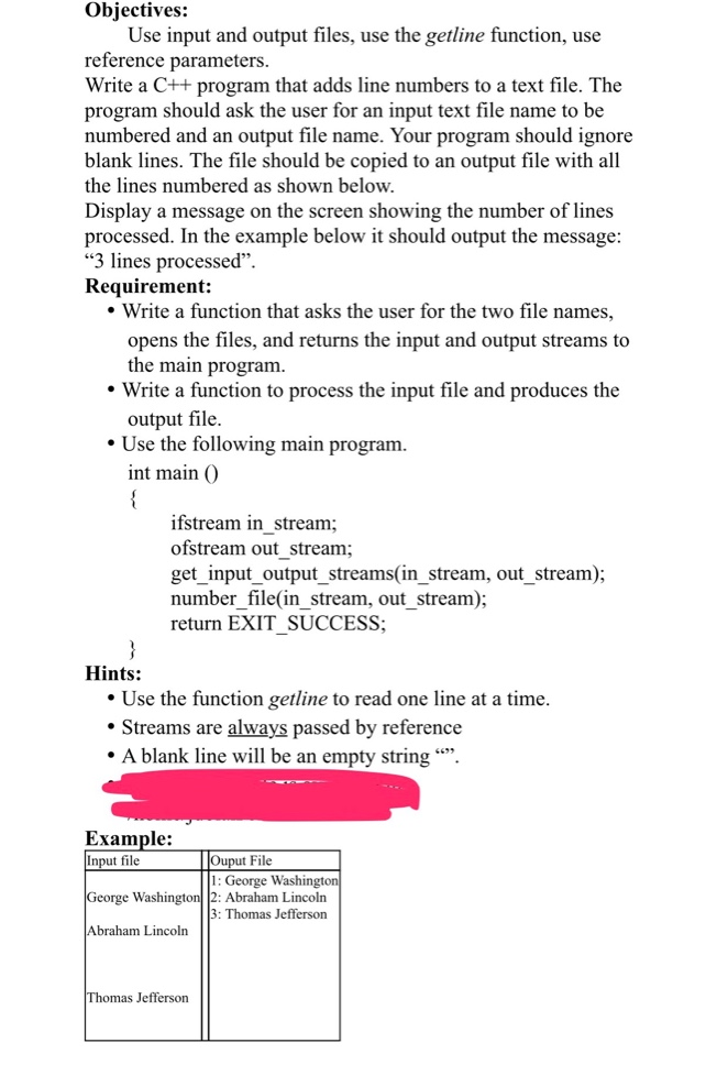 C++ program that takes input file, removes blank lines, numbers the contents,