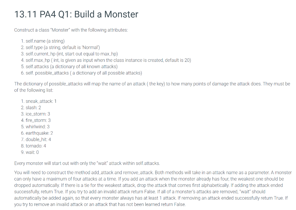  Plz use python 13.11 PA4 Q1: Build a Monster Construct a