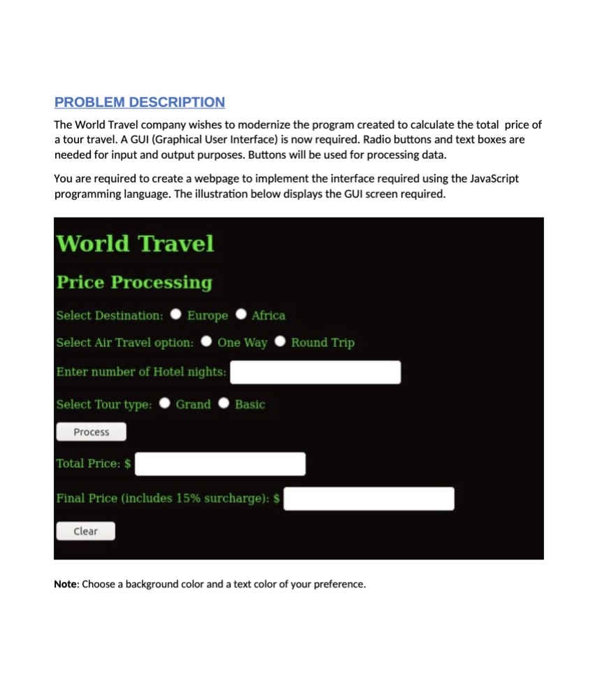 Travel Price processing Select Destination: Europe Africa Select Air Travel option: Pinput